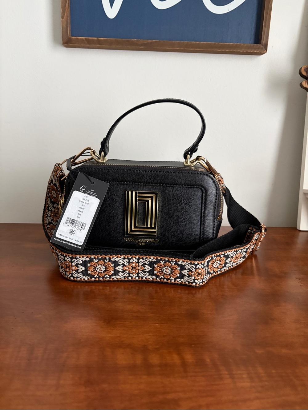 Karl Lagerfeld Black Leather Crossbody with Embroidered Strap